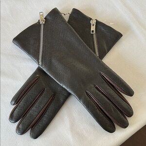 Portolano Genuine Brown Leather Gloves with Zipper Detail & 100% Cashmere Lining